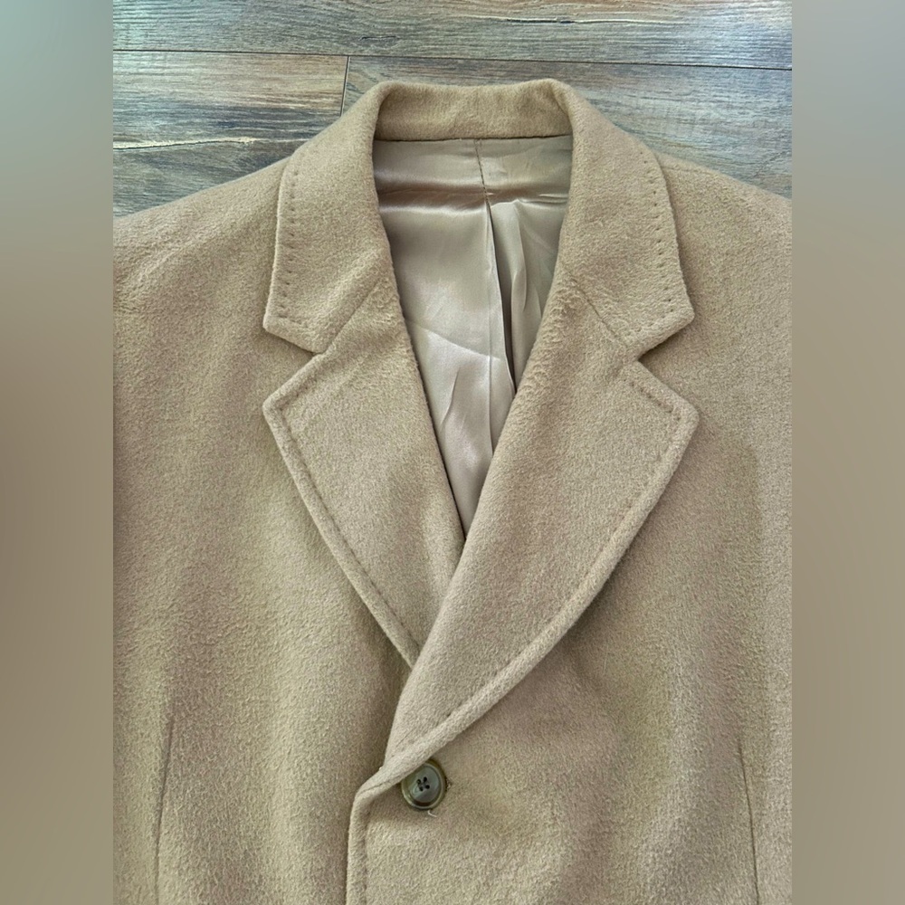 Vintage 60s/70s Cashmere Wool Blend Long Tan Overcoat L/XL - Picture 3 of 9